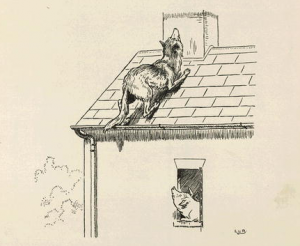 El lobo sube a la chimenea de la casita del tercer cerdito